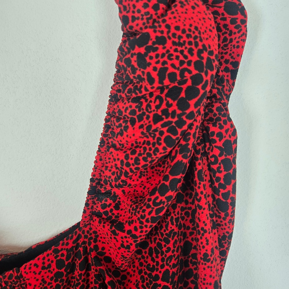 Nordstrom Leith Red Chili Black Dot Dress Smocked Dress Animal Print S Slit NEW - Picture 10 of 11